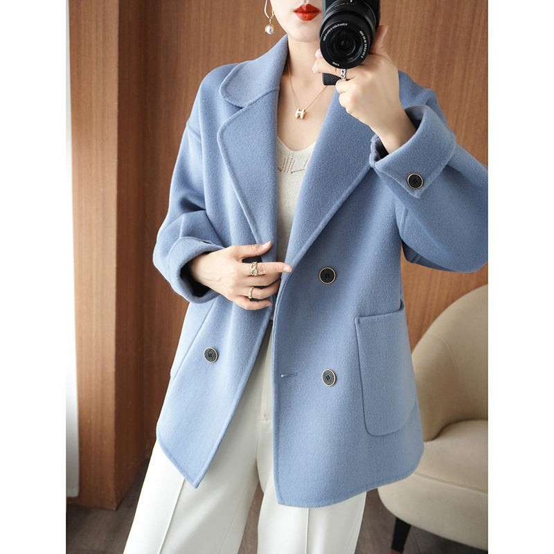Damen Kurzer doppeltreihiger Wollmix-Mantel mit Reverskragen und kastiger Oversize‑Silhouette Drune