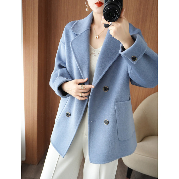 Damen Kurzer doppeltreihiger Wollmix-Mantel mit Reverskragen und kastiger Oversize‑Silhouette Drune