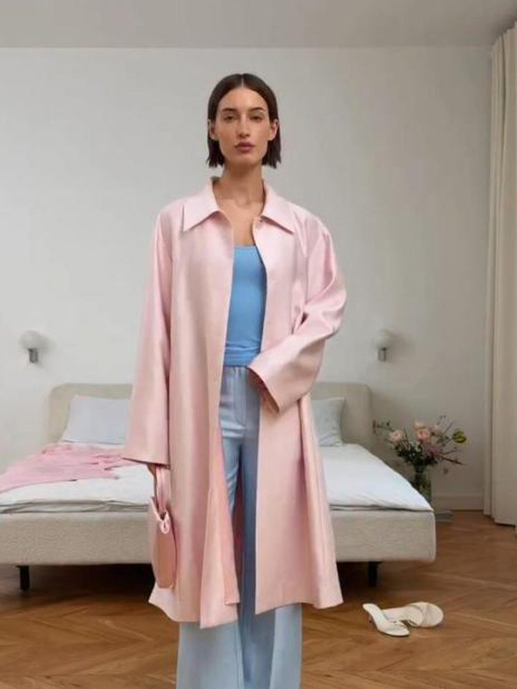 Damen leichter satinähnlicher Longmantel im Oversize-Schnitt mit weitem Revers Drune