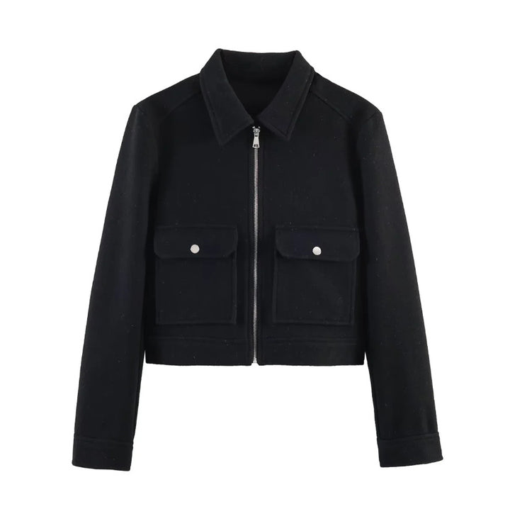 Damen 70+ kurze Wollmix‑Blousonjacke mit Reißverschluss, Hemdkragen und Pattentaschen Drune