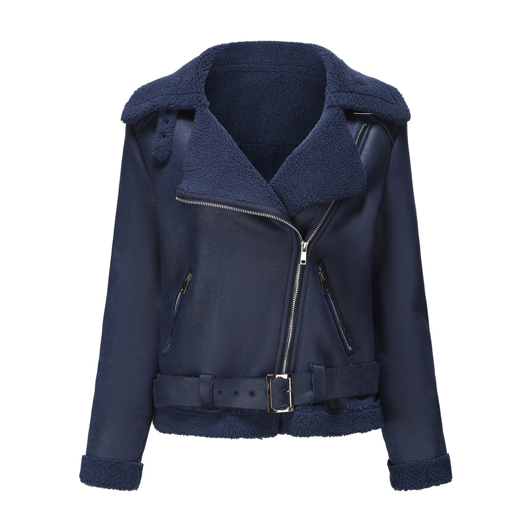 Damen modische Lammfelljacke mit asymmetrischem Reißverschluss und Taillengürtel Drune