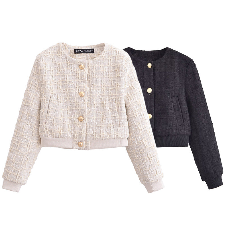 Damen nan taillierter Bouclé-Blouson mit Rundhalsausschnitt und goldfarbenen Druckknöpfen Drune