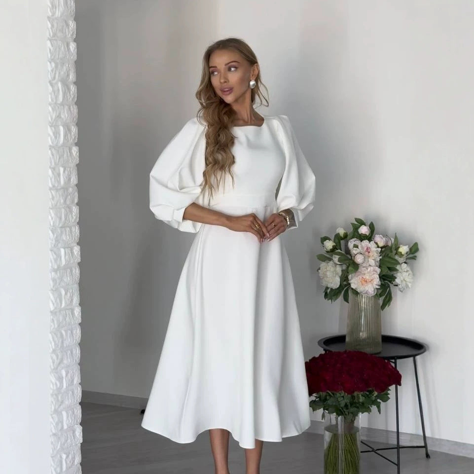 Damen Midikleid mit offenem Rückenausschnitt, voluminösen Puffärmeln und Bindegürtel Drune