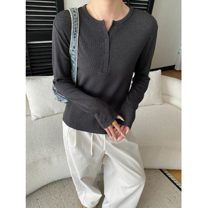 Damen langärmliges Henley-Oberteil mit elegantem V-Ausschnitt und feiner Rippstruktur Drune