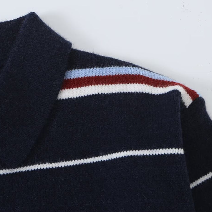 Damen Gestreifter Strickpolopullover mit kurzer Knopfleiste und Rippbündchen Drune
