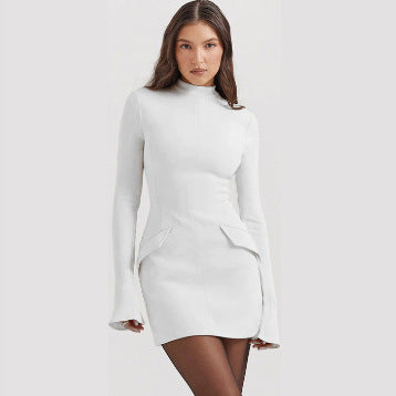 Damen nan tailliertes Minikleid mit Stehkragen Glockenärmeln und Peplum-Detail Drune