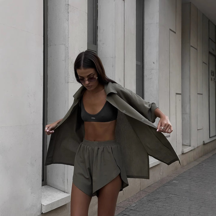 Damen kurzärmeliges Hemd- und Relax-Shorts-Set aus strukturiertem Leinenmix mit elastischem Bund Drune