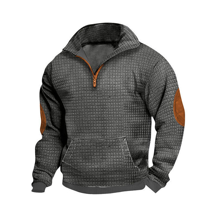 Herren nan strukturiertes Freizeit-Pullover mit kurzem Reißverschluss, Kängurutasche und Ellenbogen-Lederbesatz Drune