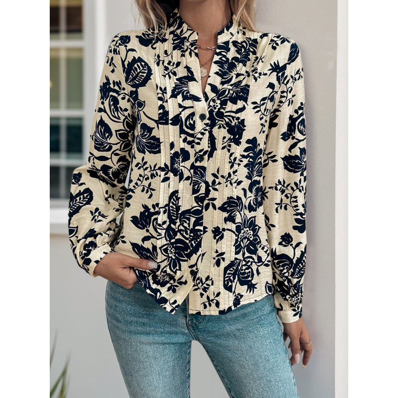 Damen Bluse mit floralen Motiven und eleganter Raffung Drune