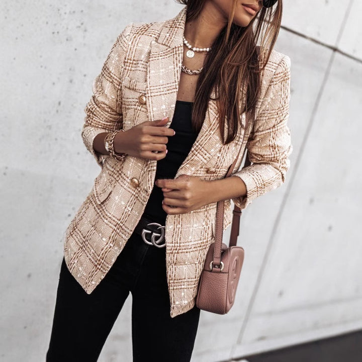 Damen Modischer Tweed-Blazer mit doppelter Knopfleiste und strukturiertem Gewebe Drune