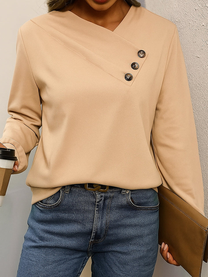 Damen Asymmetrische V-Ausschnitt Bluse mit Zierknopfleiste und Langarm Drune