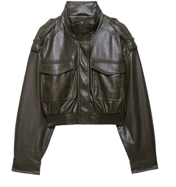 Damen 10+ kurzes Kunstleder‑Bomberjacke im Military‑Look mit Pattentaschen und Stehkragen Drune
