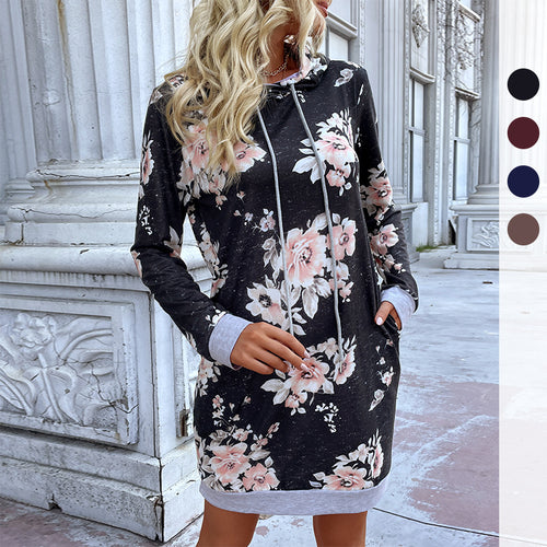 Damen Florales Hoodie-Kleid mit Kängurutasche Drune