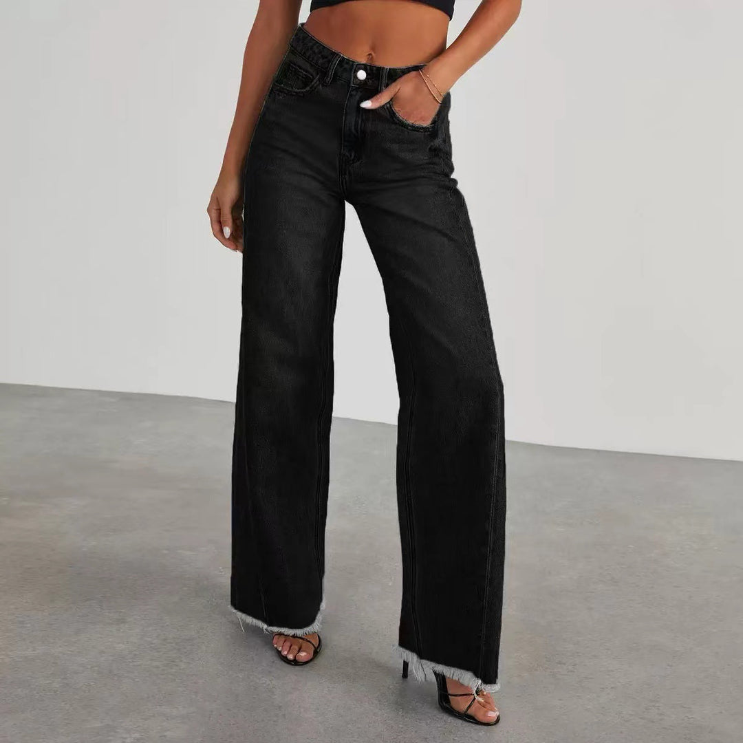 Damen Hochbund-Jeans mit weitem Bein und ausgefranstem Saum Drune