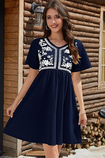 Damen Besticktes Empire-Kleid mit V-Ausschnitt, Kurzärmeln und ausgestelltem Rock Drune