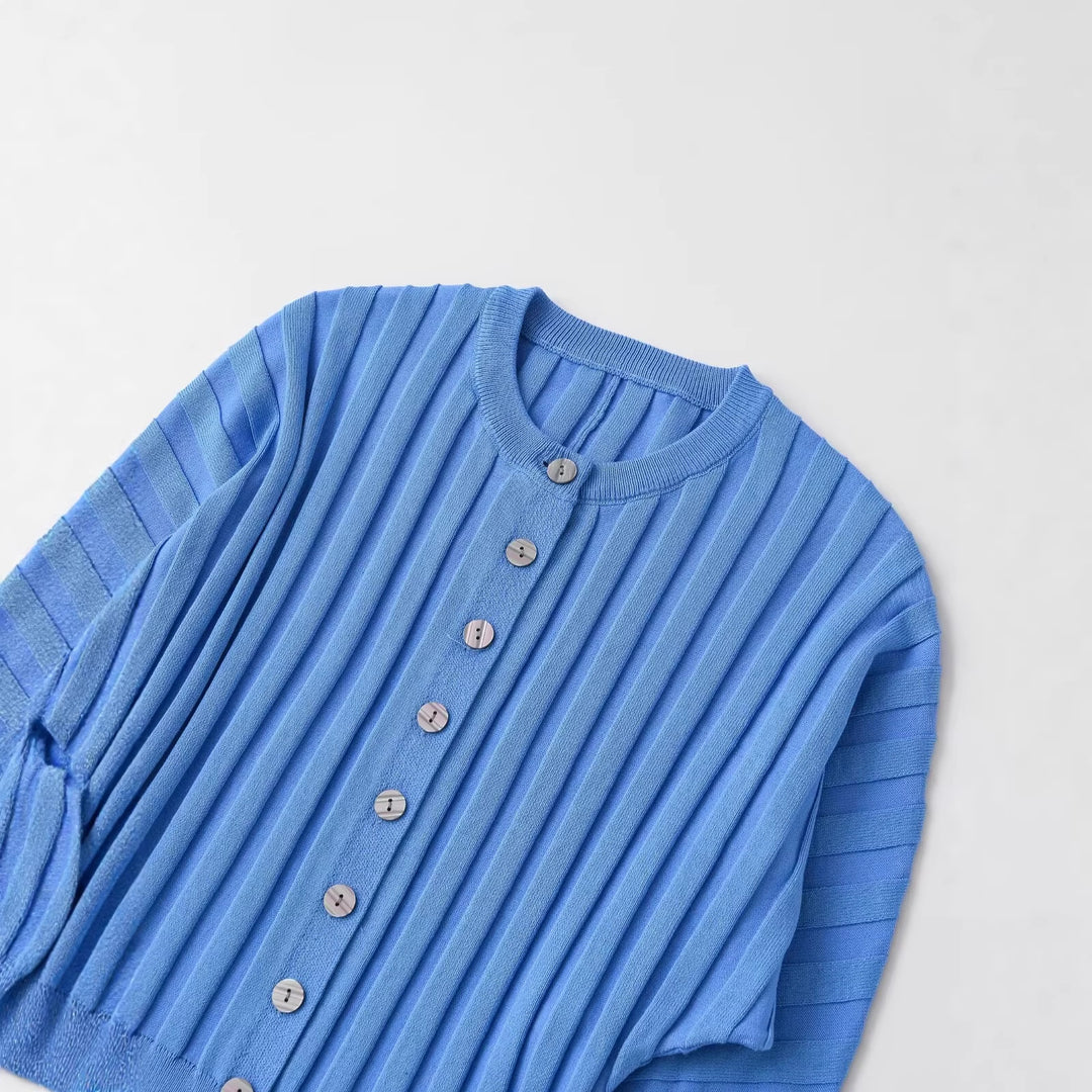 Damen Gerippte Strick-Cardigan mit Ballonärmeln und durchgehender Knopfleiste Drune