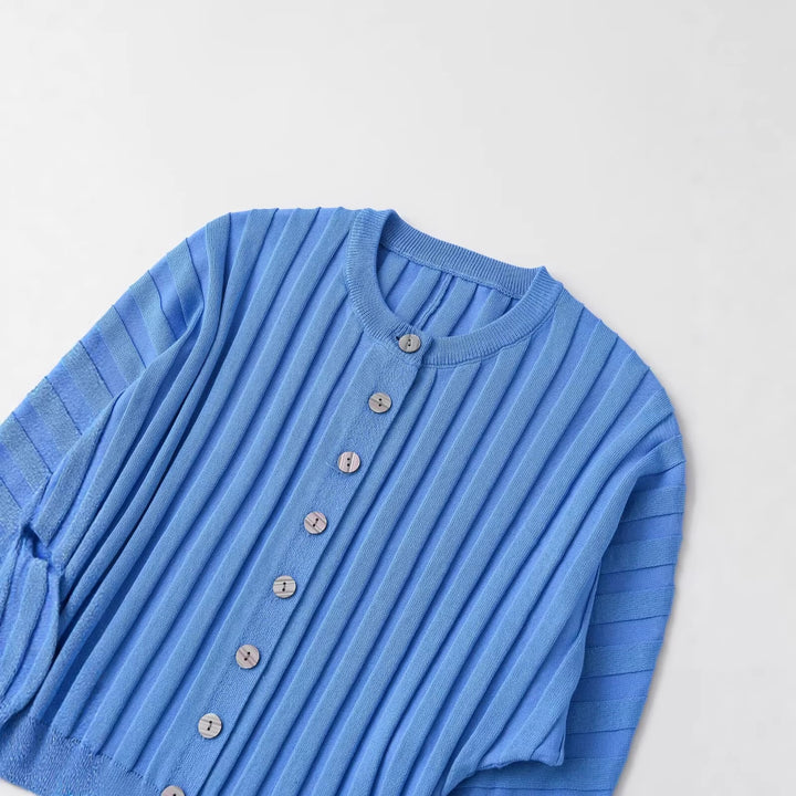Damen Gerippte Strick-Cardigan mit Ballonärmeln und durchgehender Knopfleiste Drune