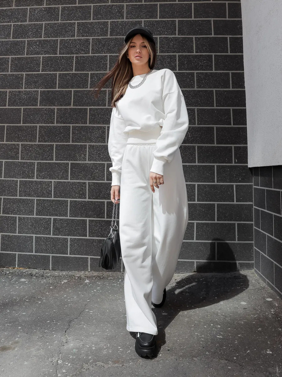 Damen Loungewear-Set mit weitem Crewneck-Sweater und High-Waist Palazzohose Drune