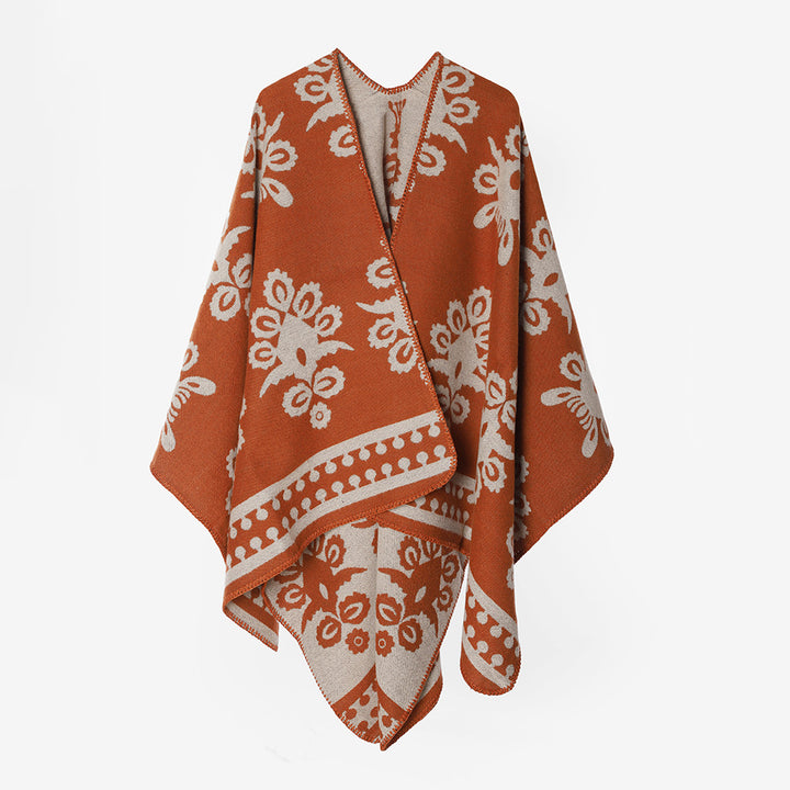 Damen Jacquard-Capeponcho mit floralem Muster und Oversize-Fall Drune