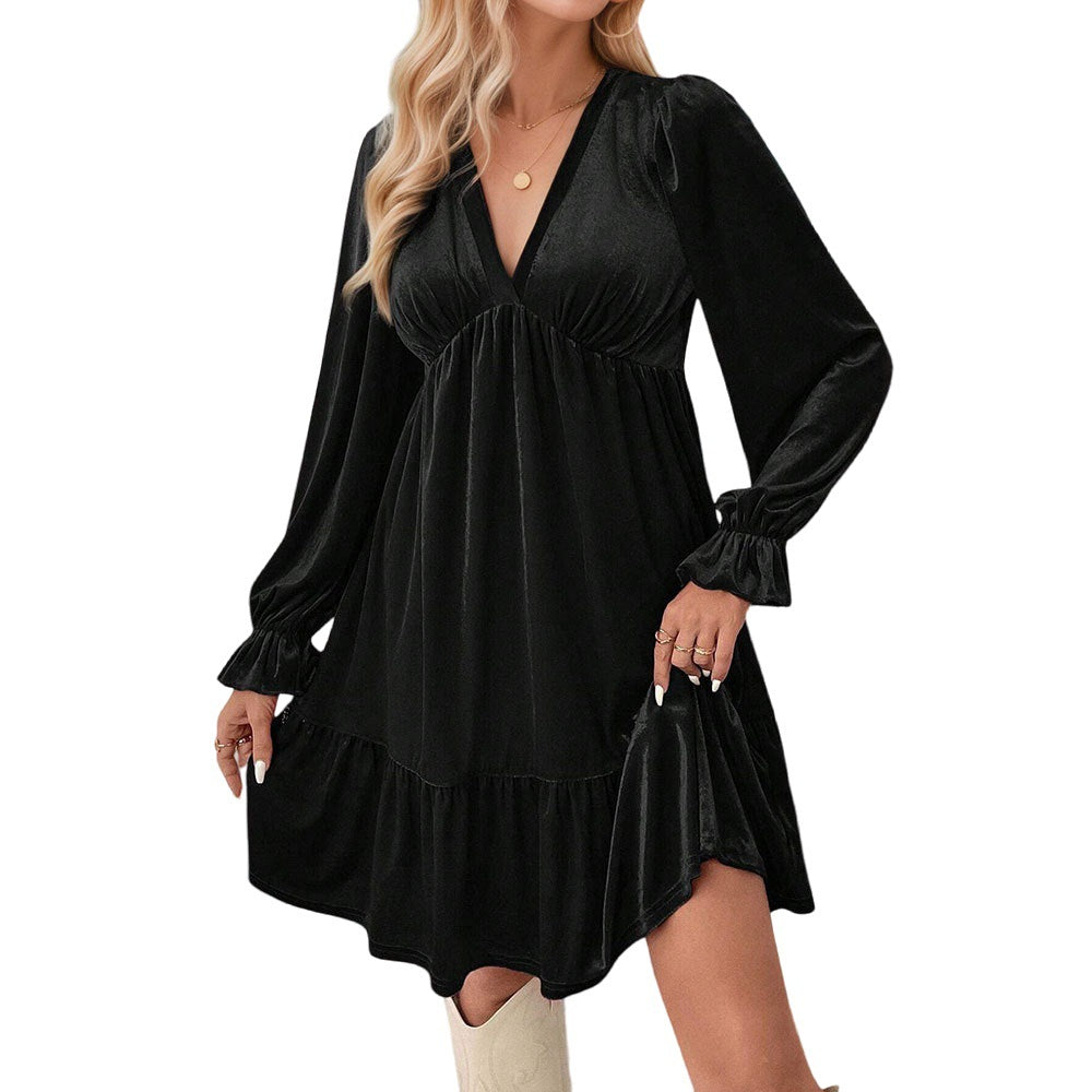 Damen samtiges A‑Linien‑Midikleid mit tiefem V‑Ausschnitt, gerafftem Bustier, Empire‑Passform und Volantstufen Drune