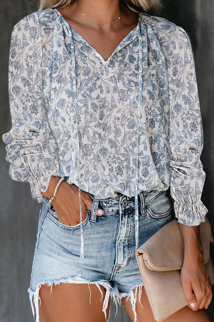Damen Bluse mit Rüschendetails und tiefem V-Ausschnitt Drune