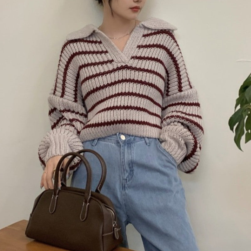 Damen Strickpullover mit lässigem Kragen und attraktiven Streifen Drune