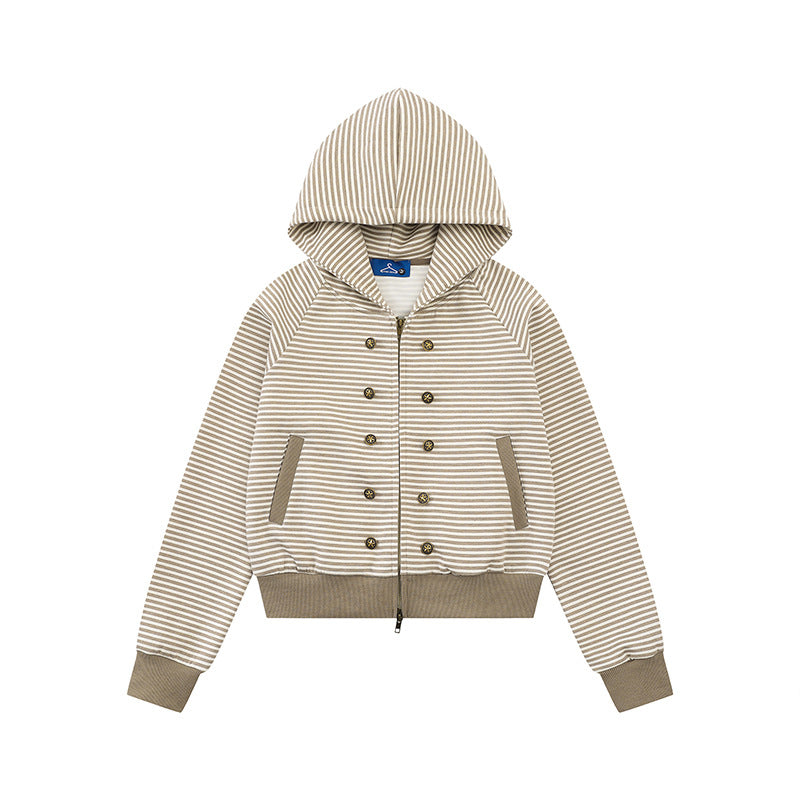 Damen gestreifte Kapuzen-Sweatjacke im Marine‑Look mit Doppelreiher‑Optik und Frontreißverschluss Drune