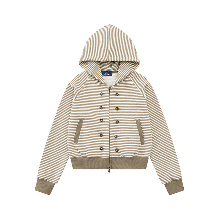 Damen gestreifte Kapuzen-Sweatjacke im Marine‑Look mit Doppelreiher‑Optik und Frontreißverschluss Drune