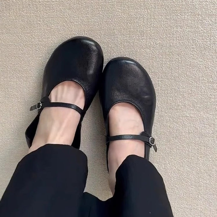 Damen Klassische Leder Mary Jane Ballerinas mit verstellbarem Riemen Drune