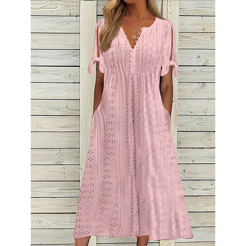 Damen Maxikleid mit Luftigen Ärmeln und Eleganten Lochmustern Drune