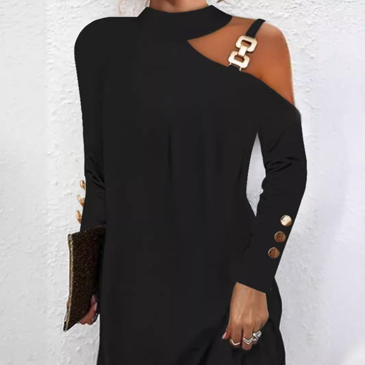 Damen nan asymmetrisches Minikleid mit Stehkragen, Cut-Out-Schulter und Zierkettenträger Drune