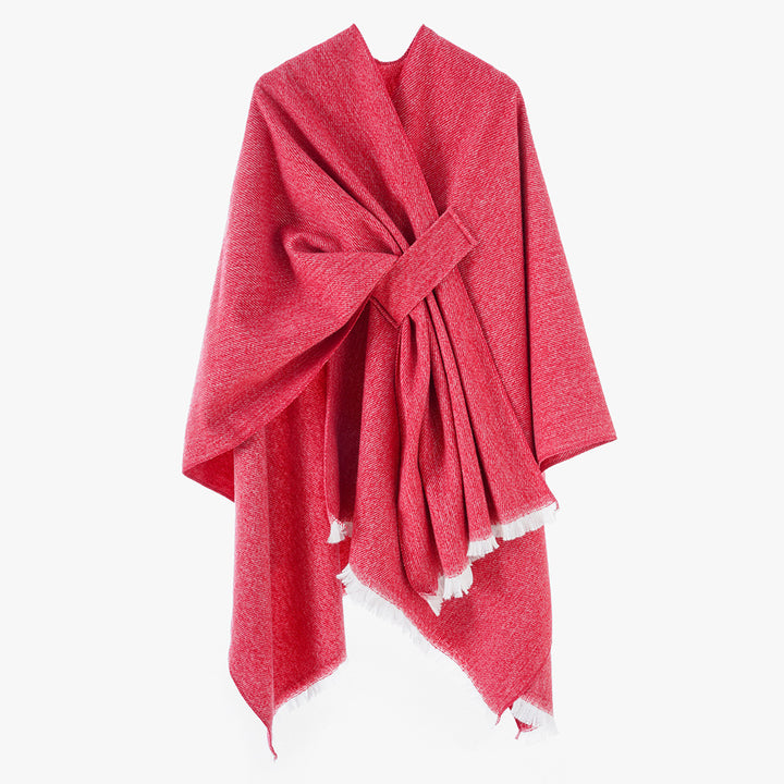 Damen luxuriöser Woll-Kaschmir-Poncho mit Bindegürtel und Fransensaum Drune