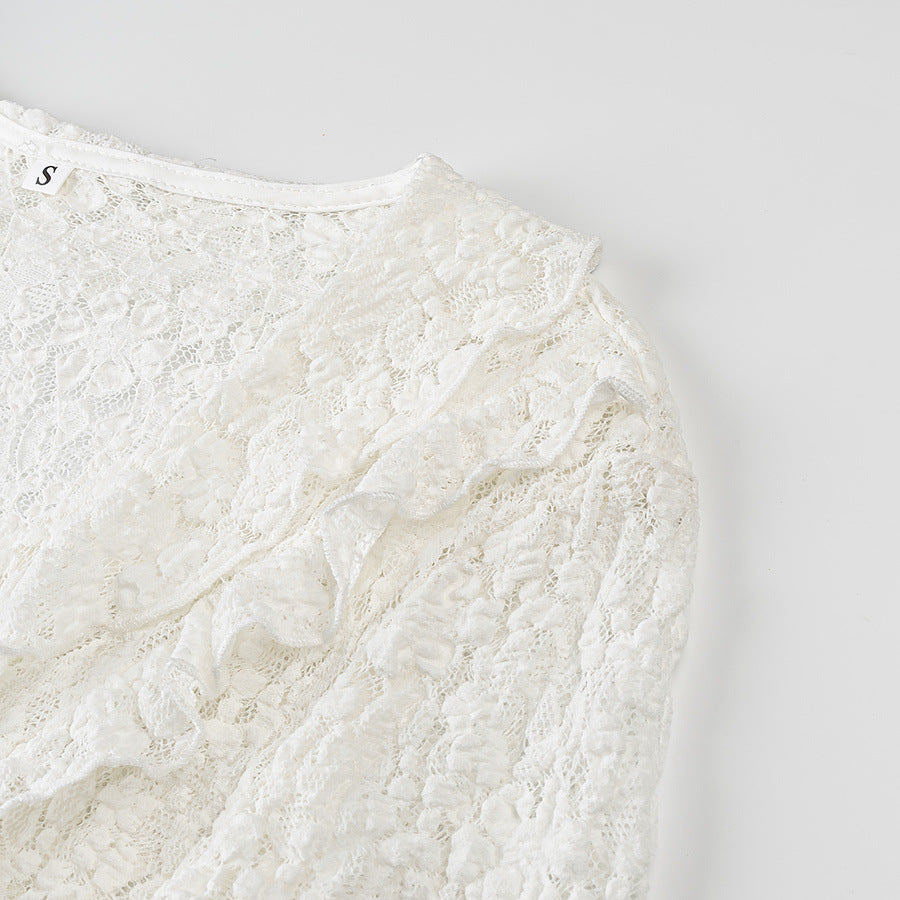 Damen Figurbetonte Spitzenbluse mit Rüschen‑V‑Ausschnitt und Bindebanddetail Drune