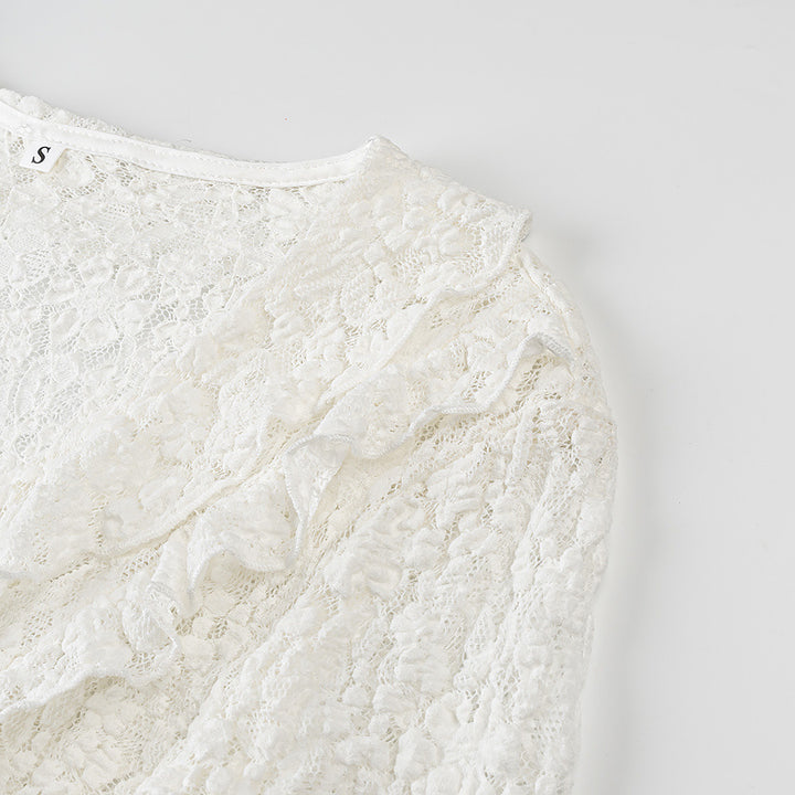 Damen Figurbetonte Spitzenbluse mit Rüschen‑V‑Ausschnitt und Bindebanddetail Drune