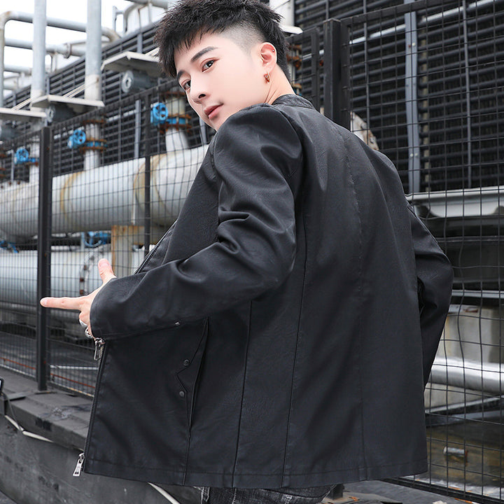 Herren schlanker Kunstleder‑Moto‑Blouson mit Stehkragen und Reißverschluss‑Taschen Drune