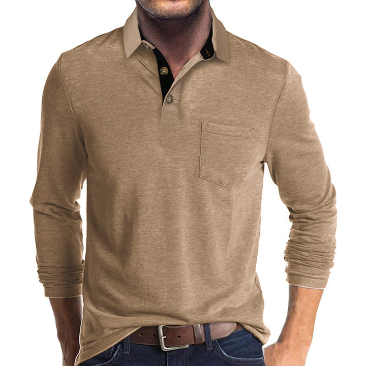 Herren langärmliges Polohemd mit Brusttasche, Kontrastknopfleiste und legerer Stretch-Passform Drune
