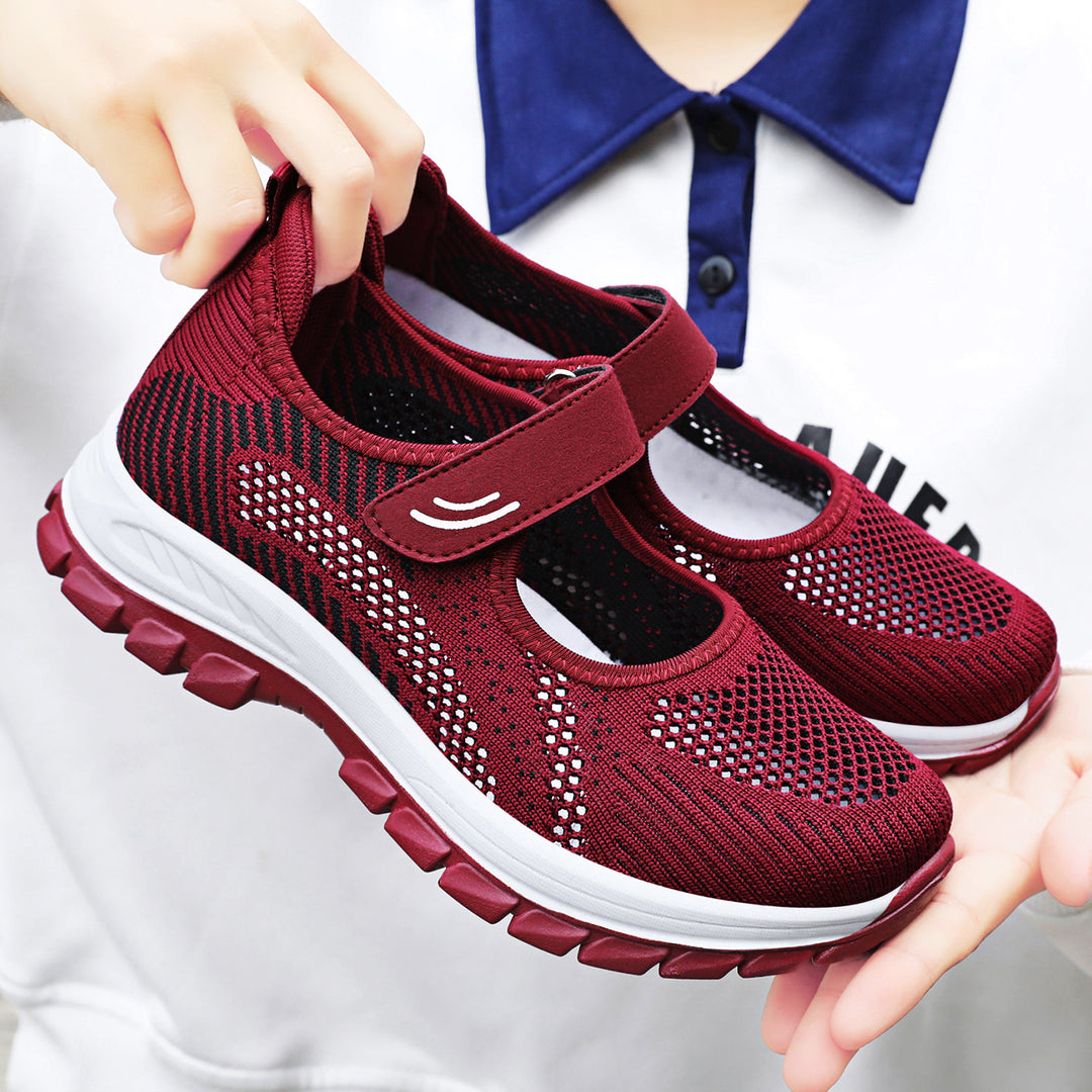 Damen nan atmungsaktive Strick-Mary-Jane Walkingsneaker mit Klettverschluss und dämpfender Leichtlaufsohle Drune