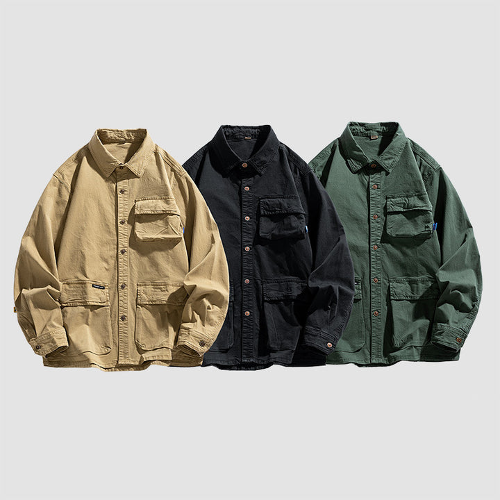 Herren Lockere Utility-Overshirt-Jacke mit Mehrfach‑Taschen aus robustem Baumwoll‑Twill Drune