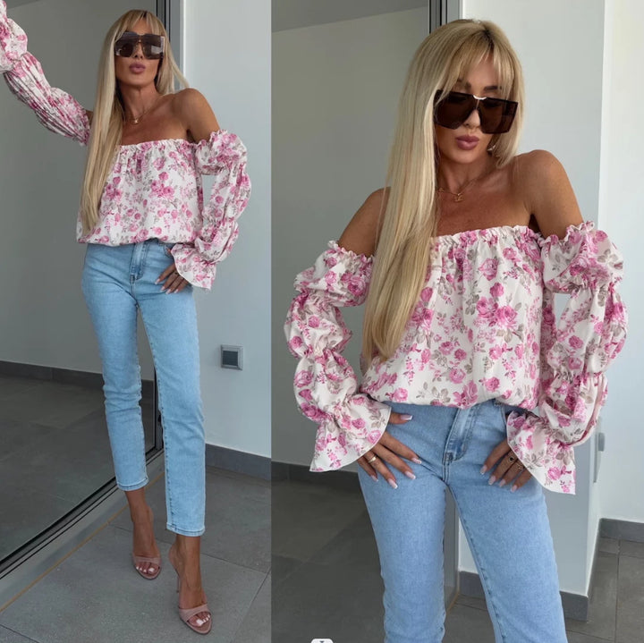 Damen Bluse mit schulterfreiem Schnitt und Volantärmeln Drune