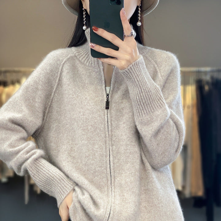 Damen Zip-Cardigan im Kaschmir‑Look mit Stehkragen und gerippten Bündchen Drune