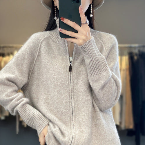 Damen Zip-Cardigan im Kaschmir‑Look mit Stehkragen und gerippten Bündchen Drune