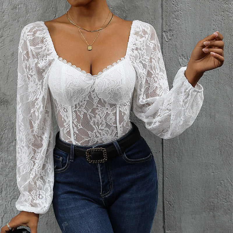 Damen Spitzen-Corsage mit Herzausschnitt, integrierten Cups und transparenten Puffärmeln Drune