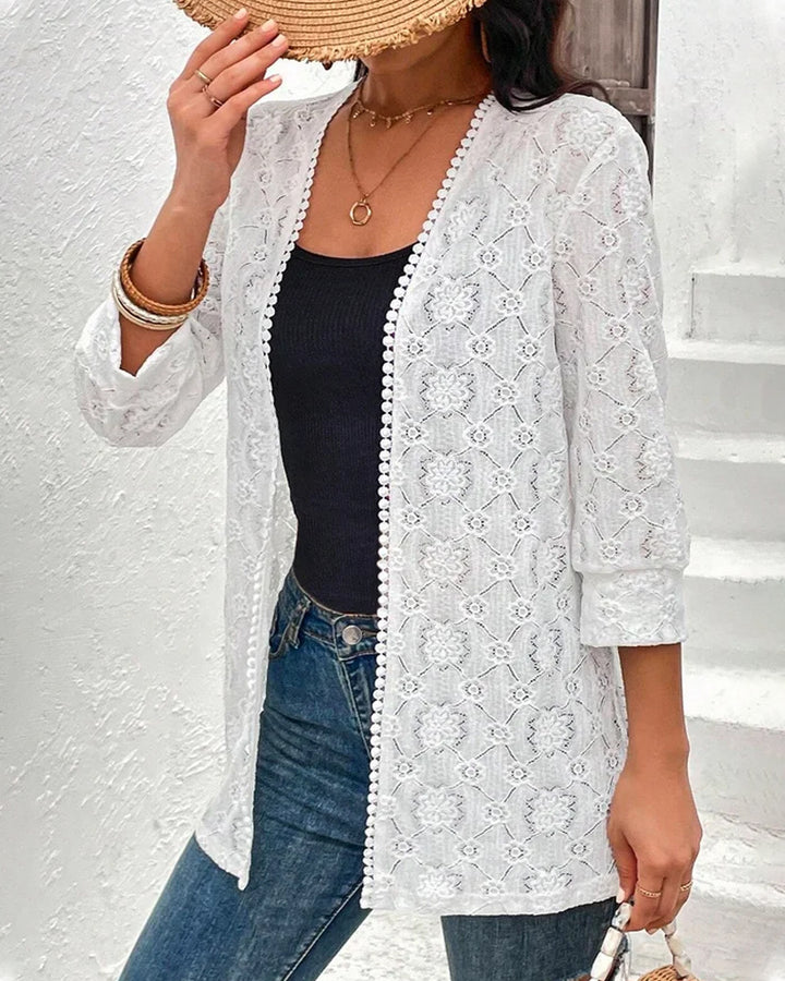 Damen nan leichte Spitzenjacke mit offenem Schnitt, dreiviertelärmeln und gehäkelter Borte Drune