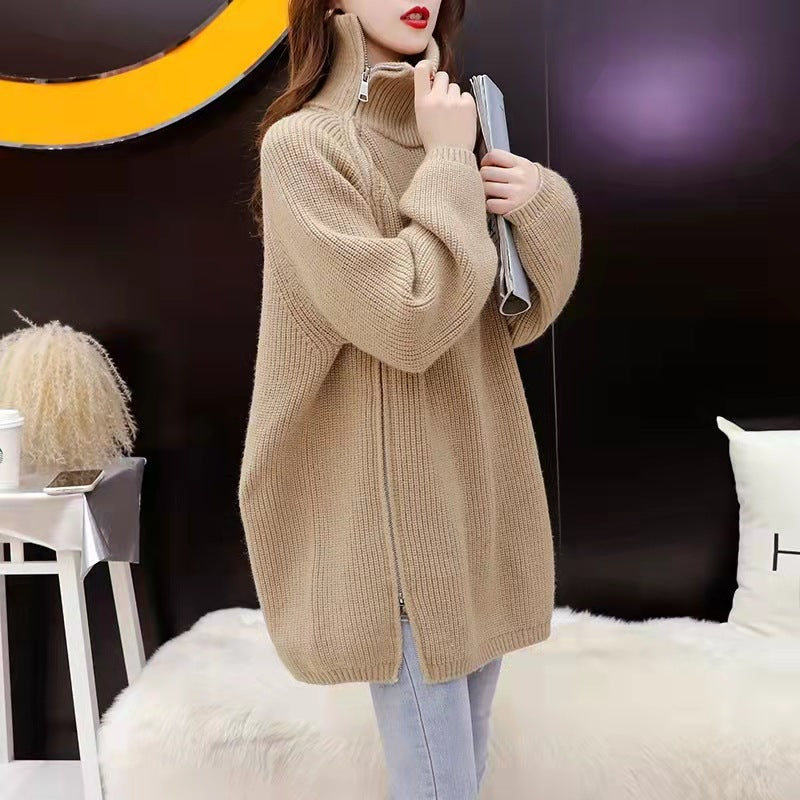 Damen Oversized Rollkragenpullover mit seitlichem Reißverschluss und geripptem Design Drune