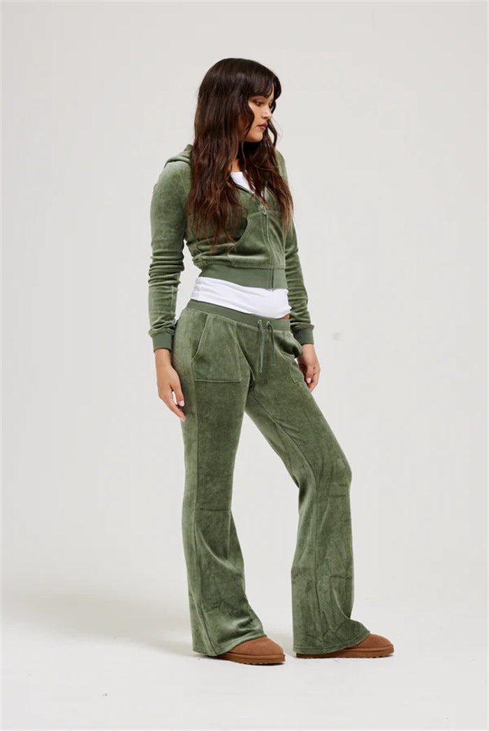 Damen Samtvelours Cropped-Zipjacke mit Kängurutasche und hochgeschnittener Bündchenhose Drune