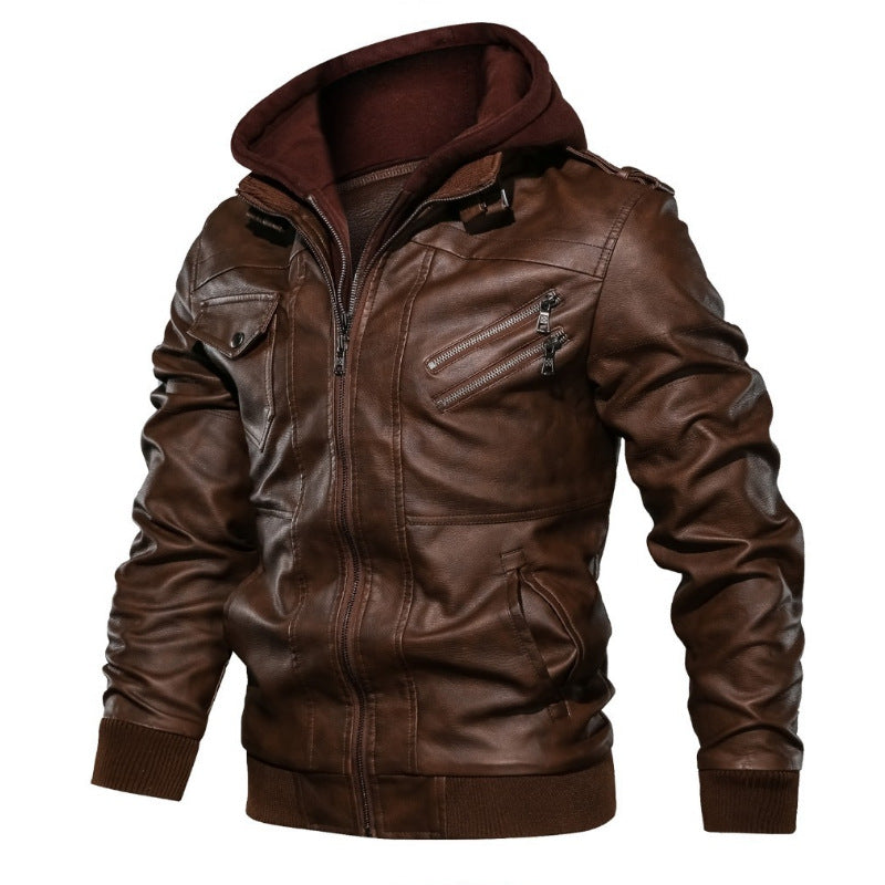 Herren Kunstleder-Bomberjacke mit Kapuze Fleece-Innenfutter und Multifachtaschen Drune