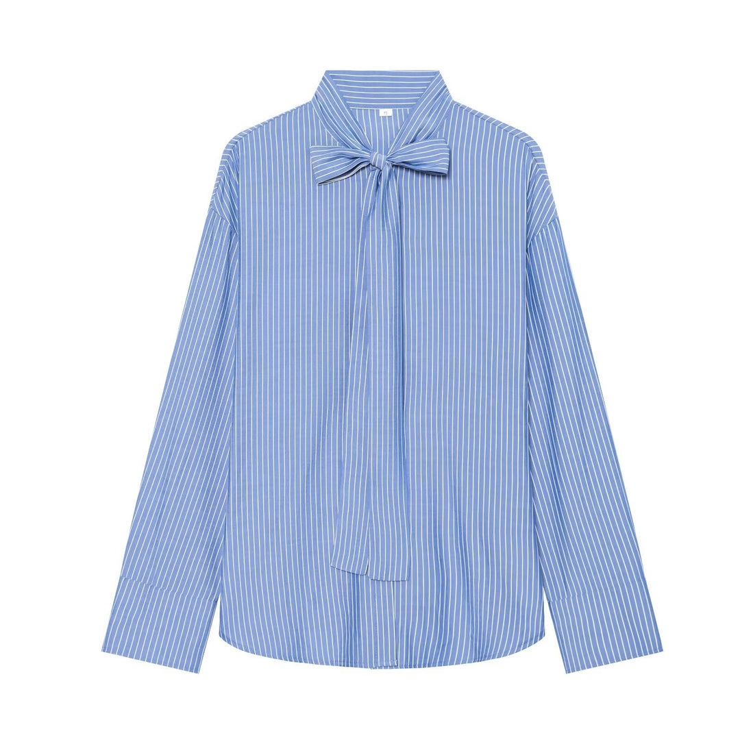 Damen Weite Bluse mit Schluppenkragen und Nadelstreifen Drune