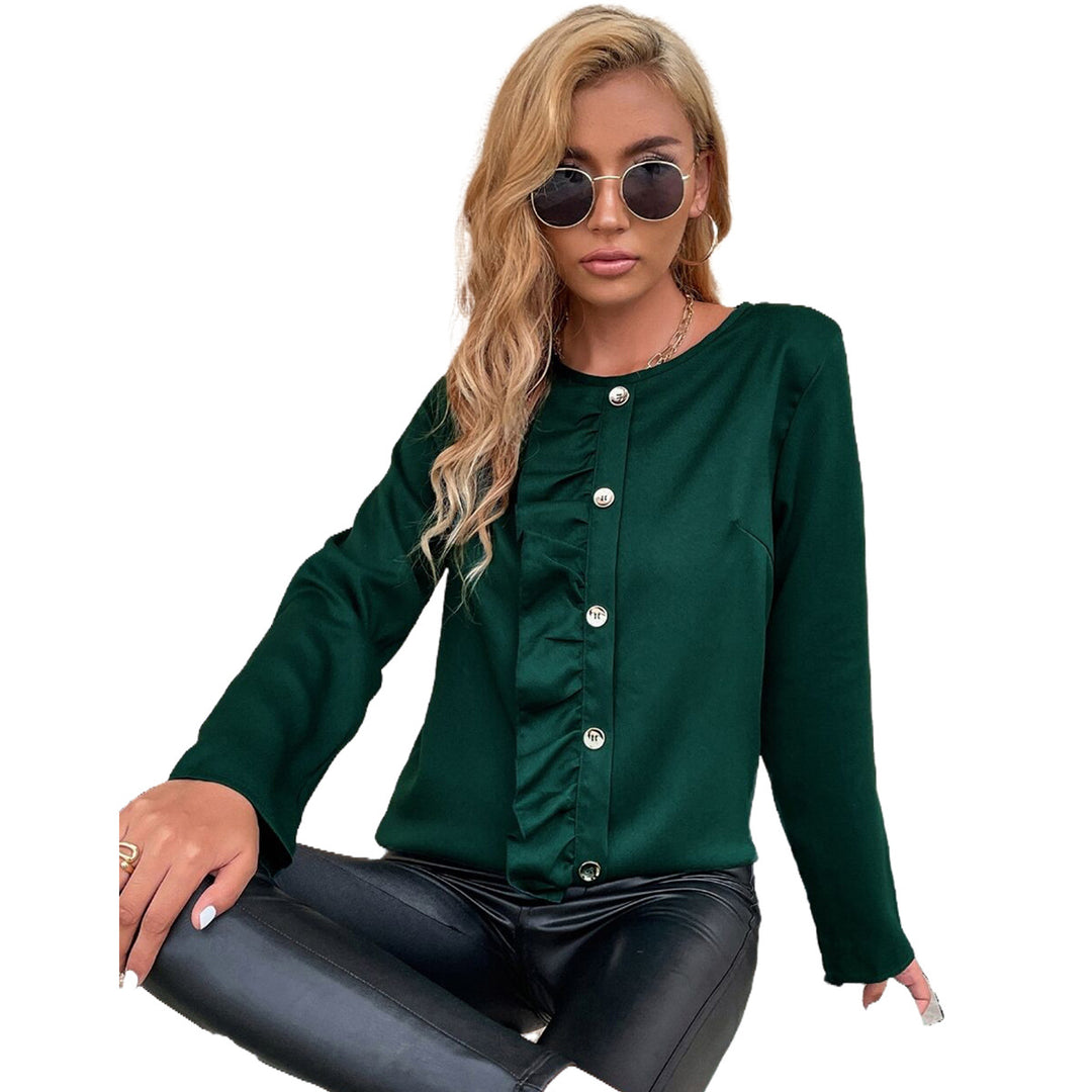 Damen elegantes Blusenshirt mit Rüschendetails und Knopfverzierung Drune
