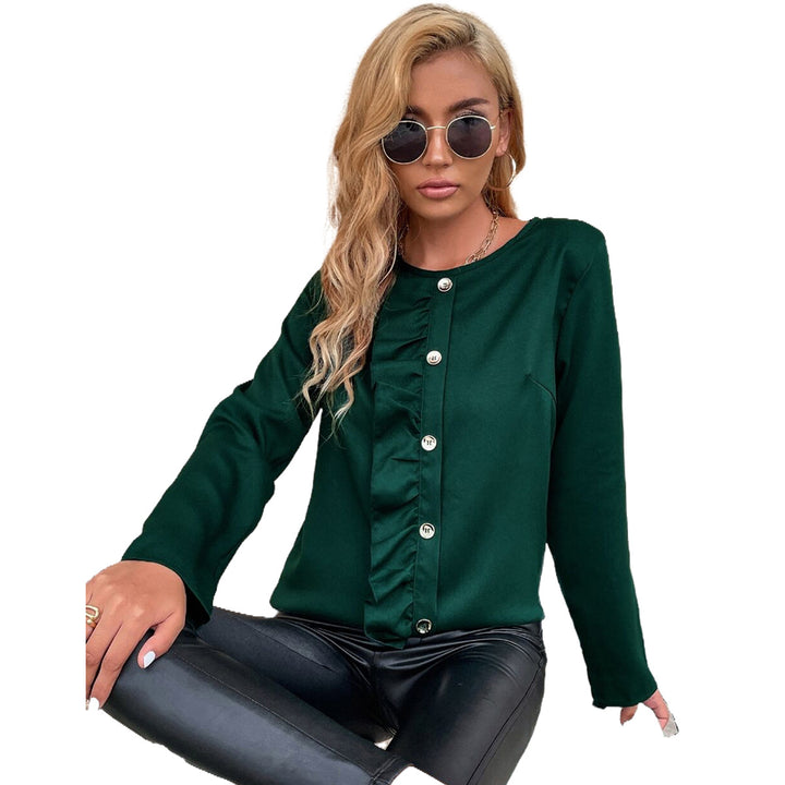 Damen elegantes Blusenshirt mit Rüschendetails und Knopfverzierung Drune