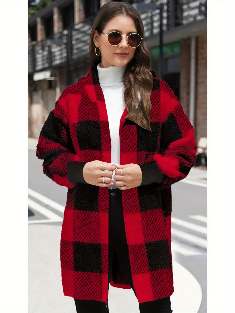 Damen Kuschelige Wolljacke mit Karomuster Drune